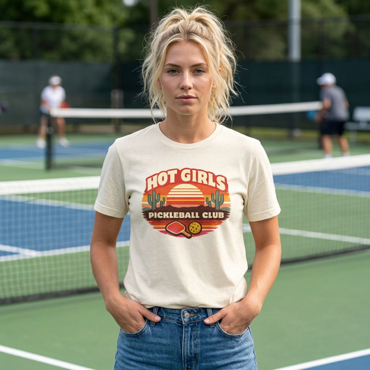 Hot Girls Pickleball Club T‑Shirt — Retro Desert Sunset Pickleball Tee