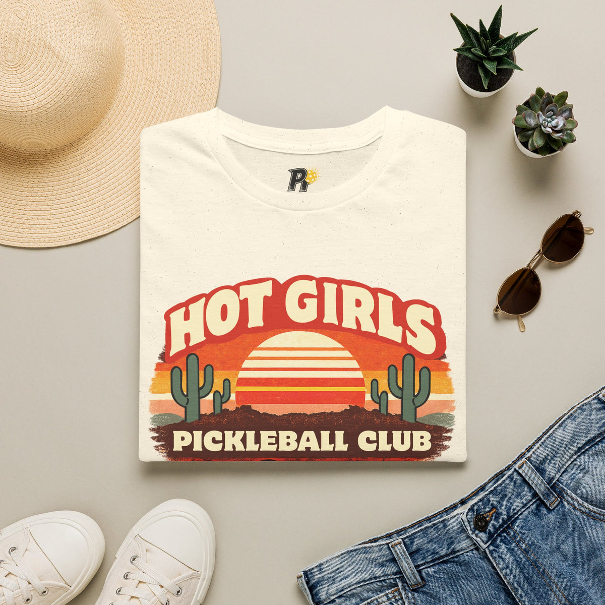 Hot Girls Pickleball Club T‑Shirt — Retro Desert Sunset Pickleball Tee